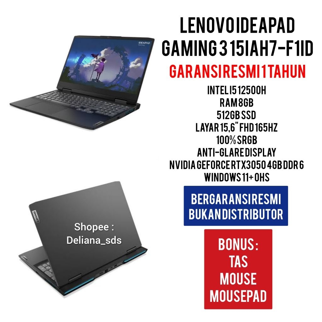 Laptop Lenovo Ideapad Gaming 3 15IAH7 F1ID Intel I5 12500H 8GB/512GB RTX3050 15,6" FHD 165Hz Garansi