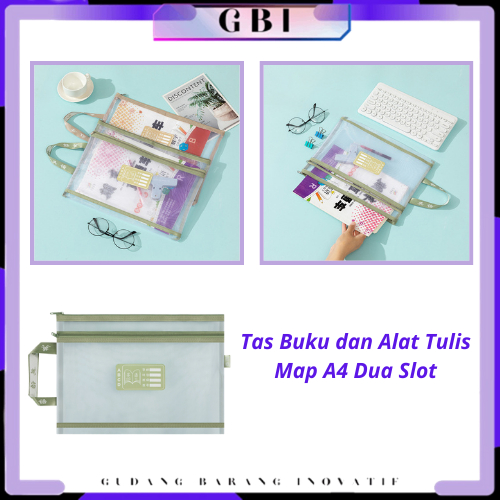 

GBI Tas Buku dan Alat Tulis Map A4 Dua Slot File Folder Tas Mesh Dokumen Transparant A4 Zipper 2 in 1 Multifungsi Totebag Buku Transparan Jaring