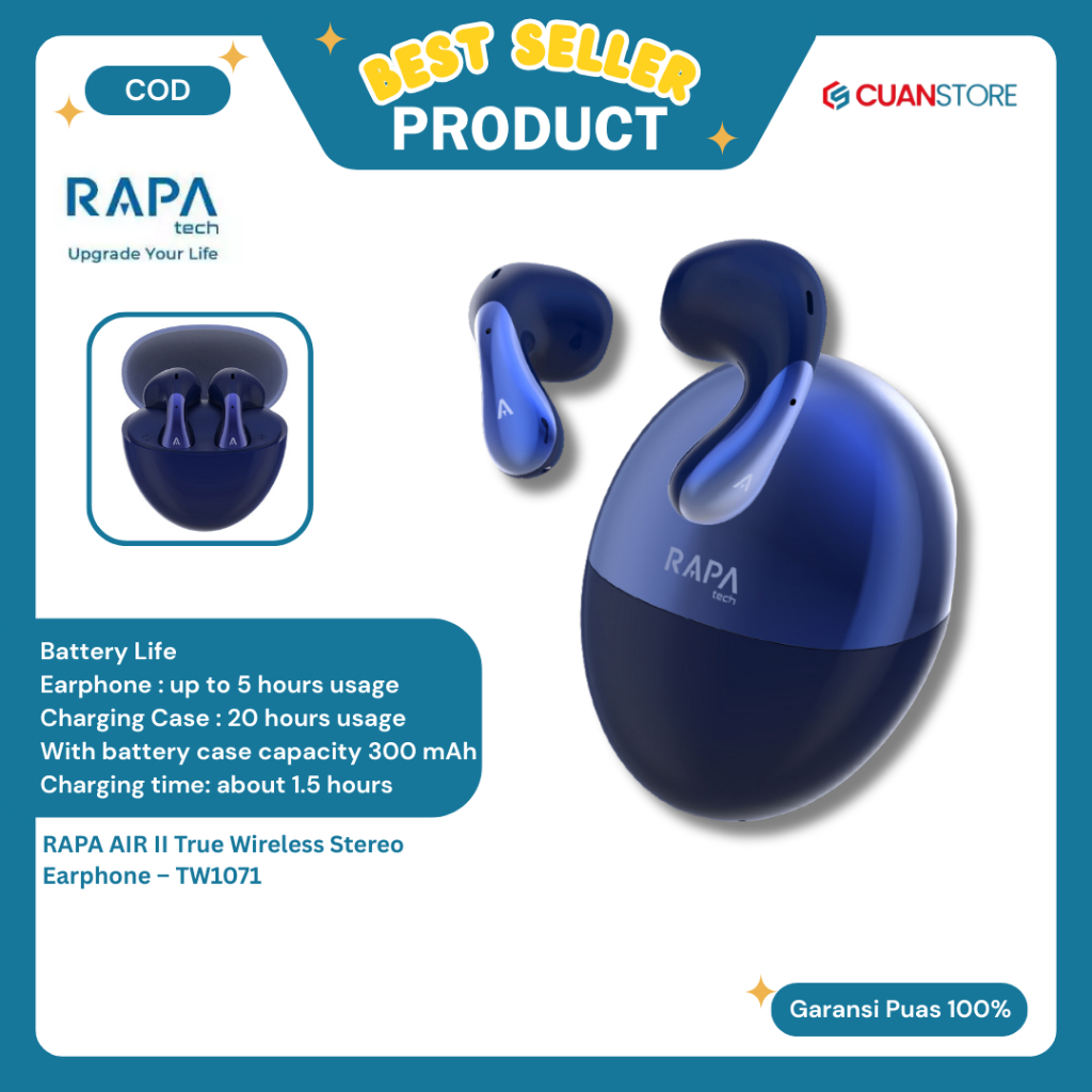 RAPAtech AIR II TWS Bluetooth 5.3 Stereo Earphone Warna Blue TWS Dual Mode Solid Heavy Bass Earphone