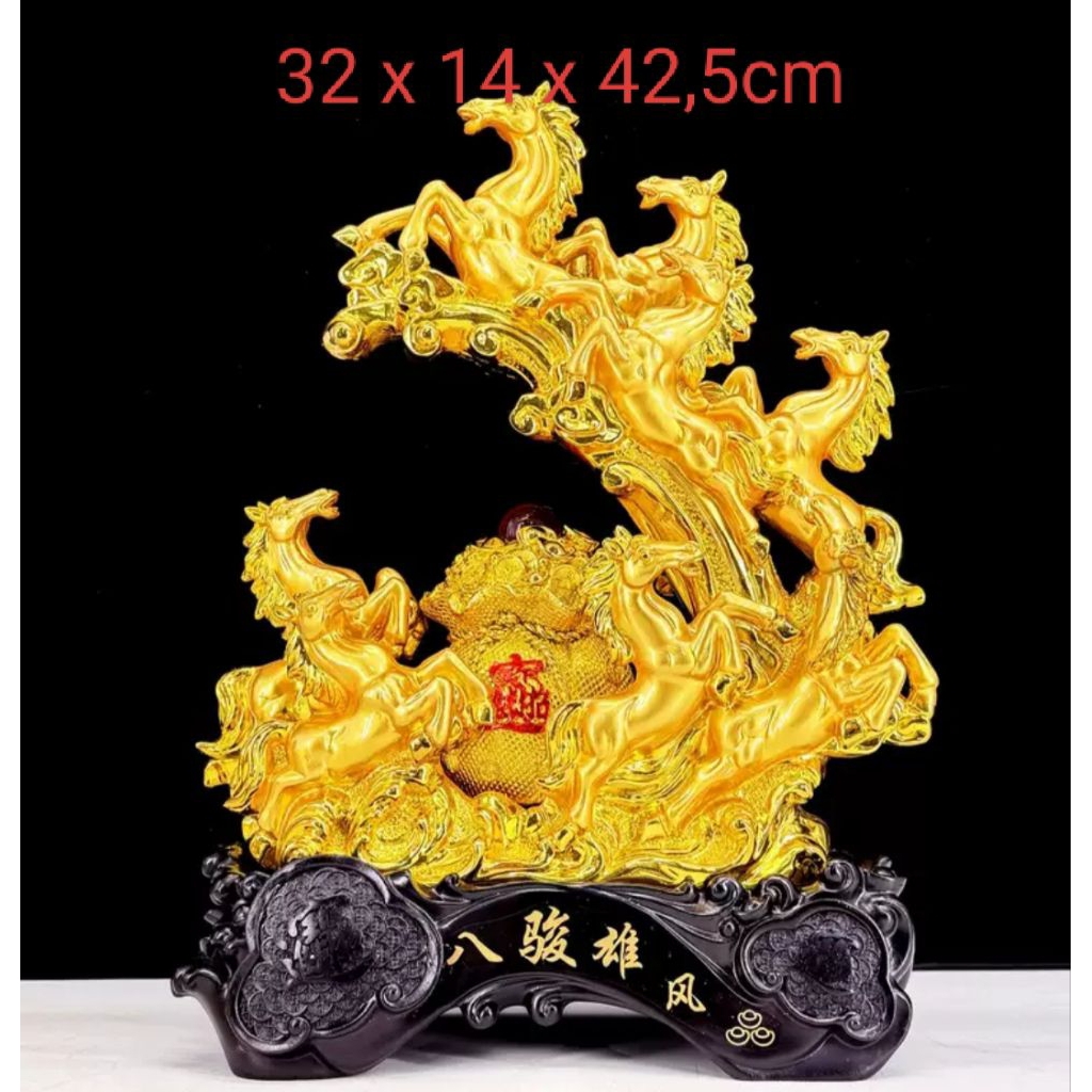Patung Pajangan Feng Shui 8 Kuda Emas Besar 32x14x42.5cm – Hiasan Rumah & Kantor Pembawa Rezeki