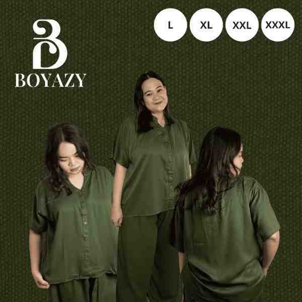 BOYAZY Baju one Set Setelan Wanita Pendek Panjang Rayon Premium Jumbo Polos  Hijau Army (LD 110, 120