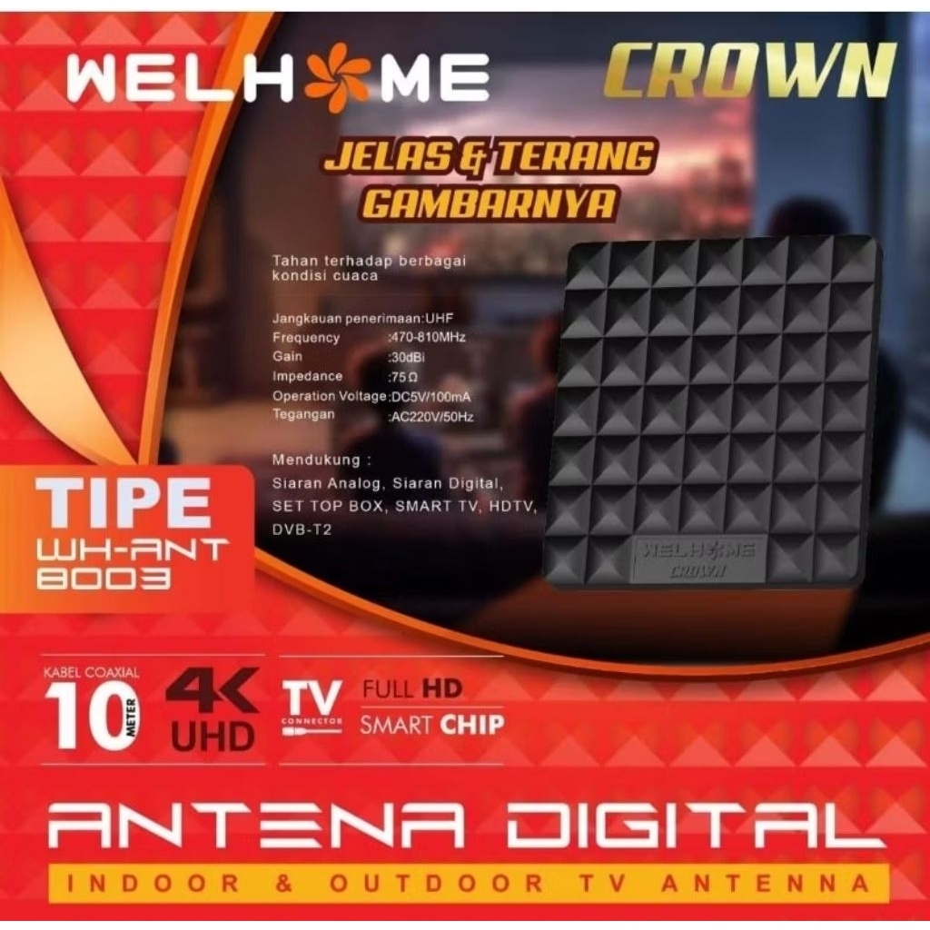 Antena TV Digital Welhome Crown Indoor Outdoor WH-ANT8003 + Kabel 10 Meter