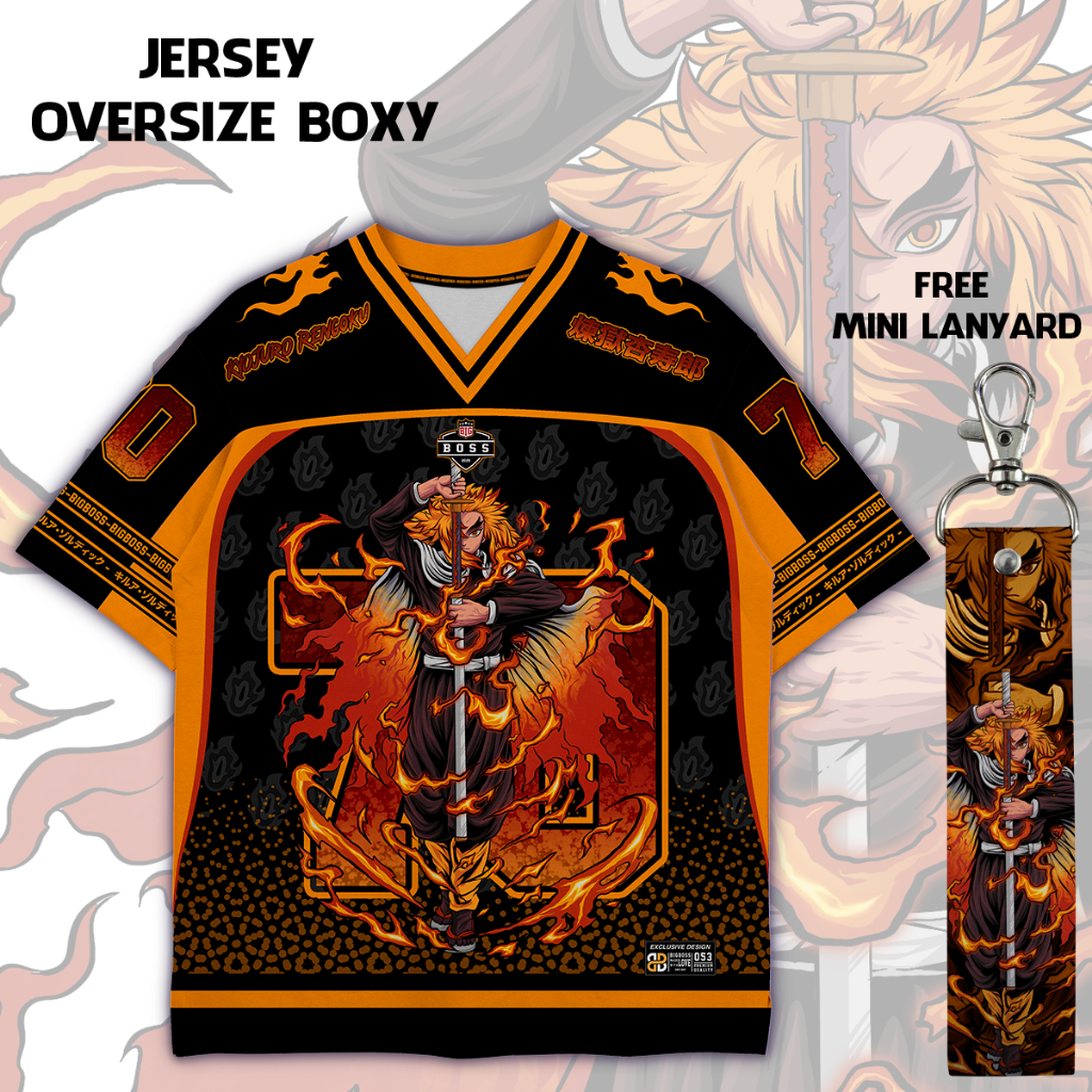 (Gratis Lanyard, Stiker) BIGBOSS Baju Jersey Anime Demon Slayer Unisex Oversize 068 Rengoku