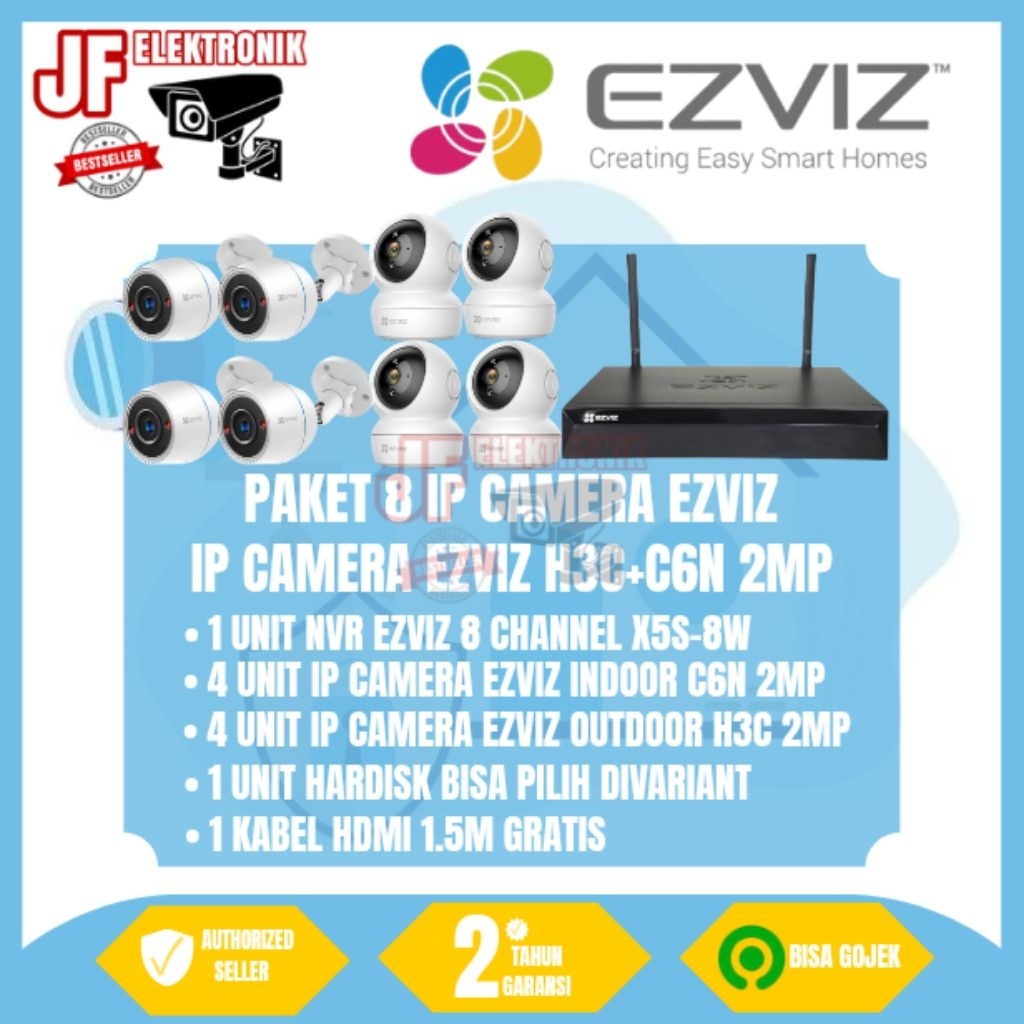 PAKET IP CAMERA EZVIZ 8 CHANNEL 4 IP CAM EZVIZ H3C + 4 IP CAM EZVIZ C6N 2MP TINGGAL PASANG
