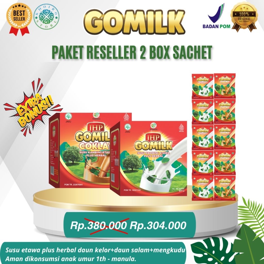 

[PRAKTIS] [PAKET RESELLER] [BISA COD + GARANSI] [EXTRA BONUS] GOMILK SACHET BARIKLANA - SUSU KAMBING ETAWA PELOPOR NO 1 KEMASAN EKONOMIS - ATASI MAAG /TYPUS/ PARU PARU 1000g (40 pcs @25g) BPOM