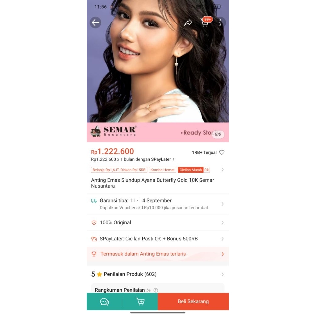 0.90 gram Anting Emas Slundup Ayana Butterfly Gold 10K Semar Nusantara