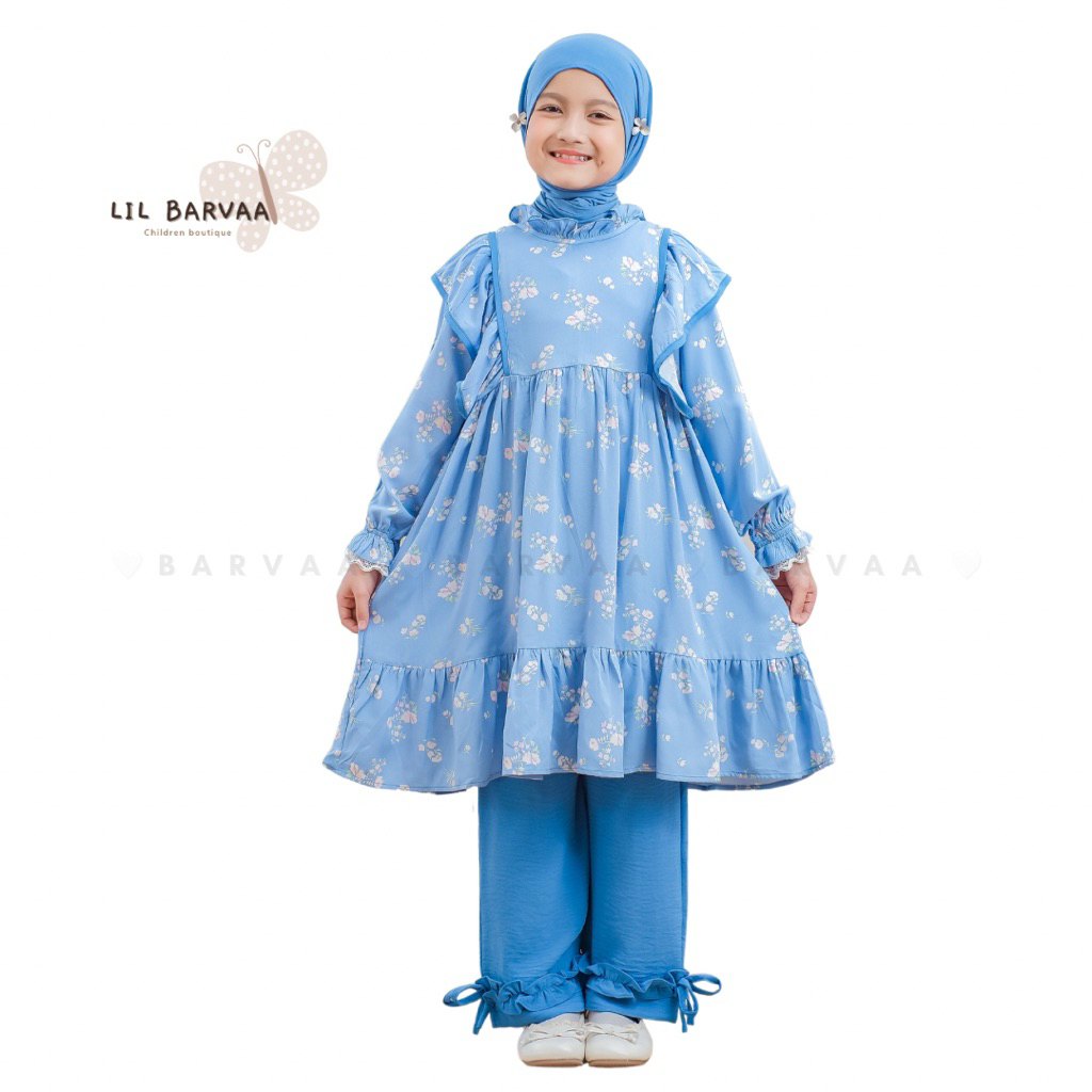 Lil Barvaa - Flora Denim Set Long Tunik Celana Anak Perempuan