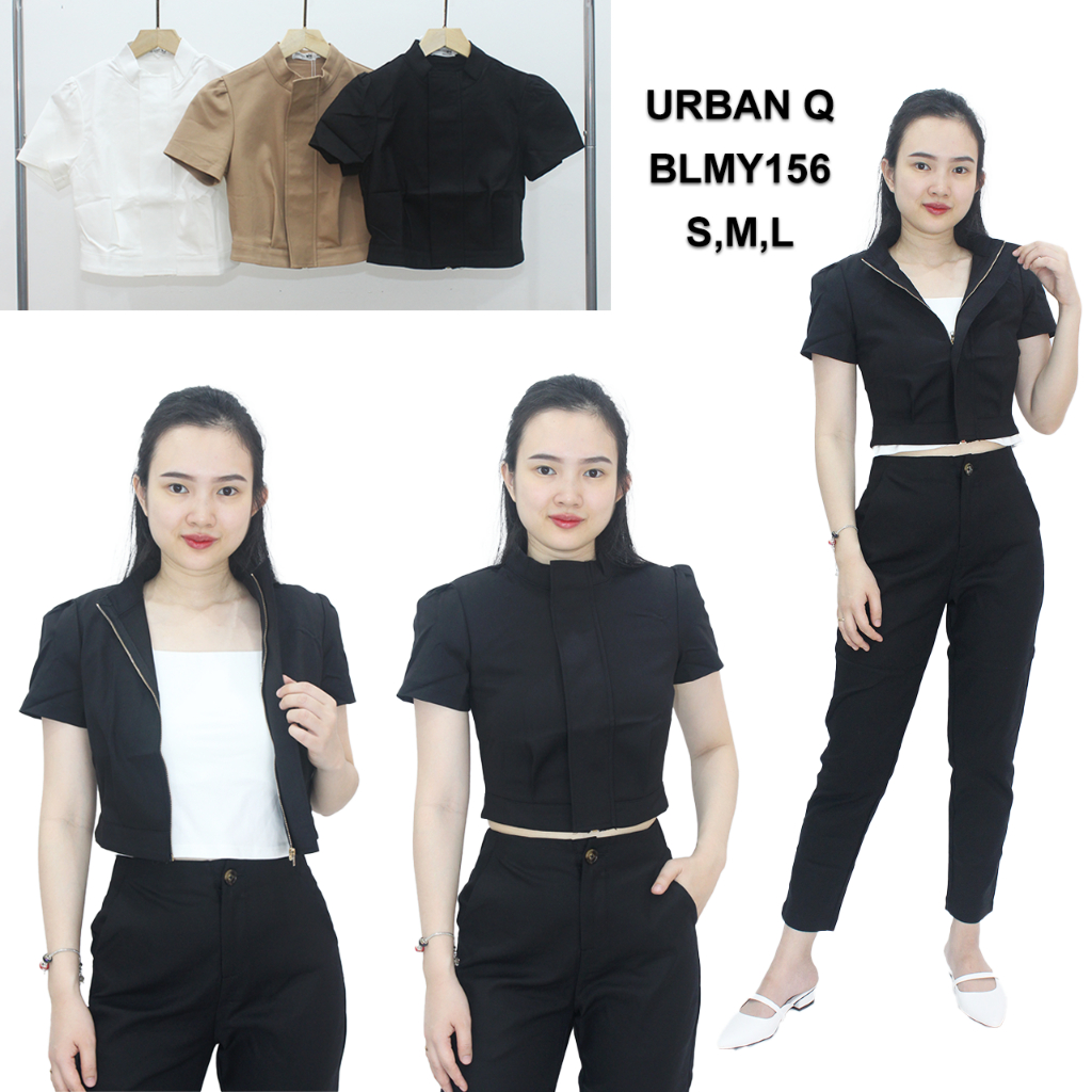 Baju Crop Top Wanita Polos Model Kemeja Bukaan Resleting Bahan Katun - UQ 71435 Coklat, Hitam, Putih