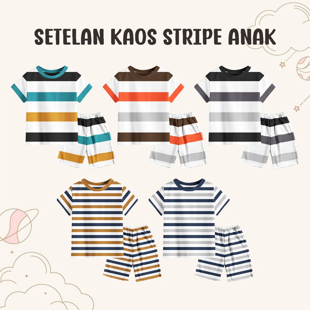Setelan Pendek Kaos Stripe 3 Warna Anak Laki-laki Perempuan Unisex