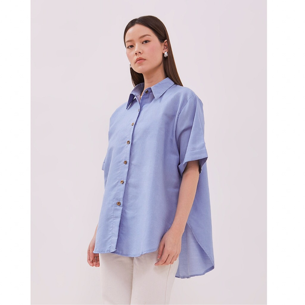 Denim Oversize Shirt - Kemeja Oversize Wanita Lengan pendek bahan denim katun linen by nadelineshop