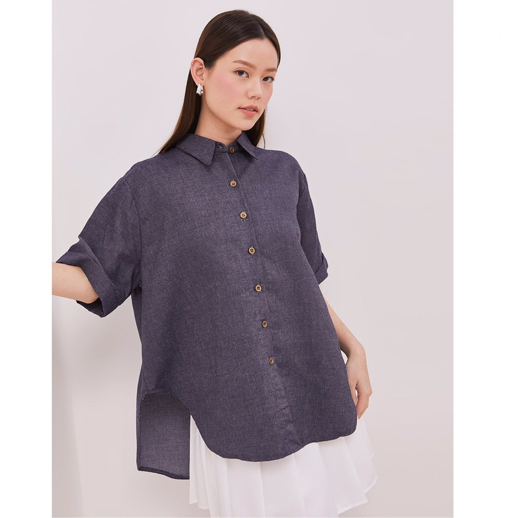 Denim Oversize Shirt - Kemeja Oversize Wanita Lengan pendek bahan denim katun linen by nadelineshop