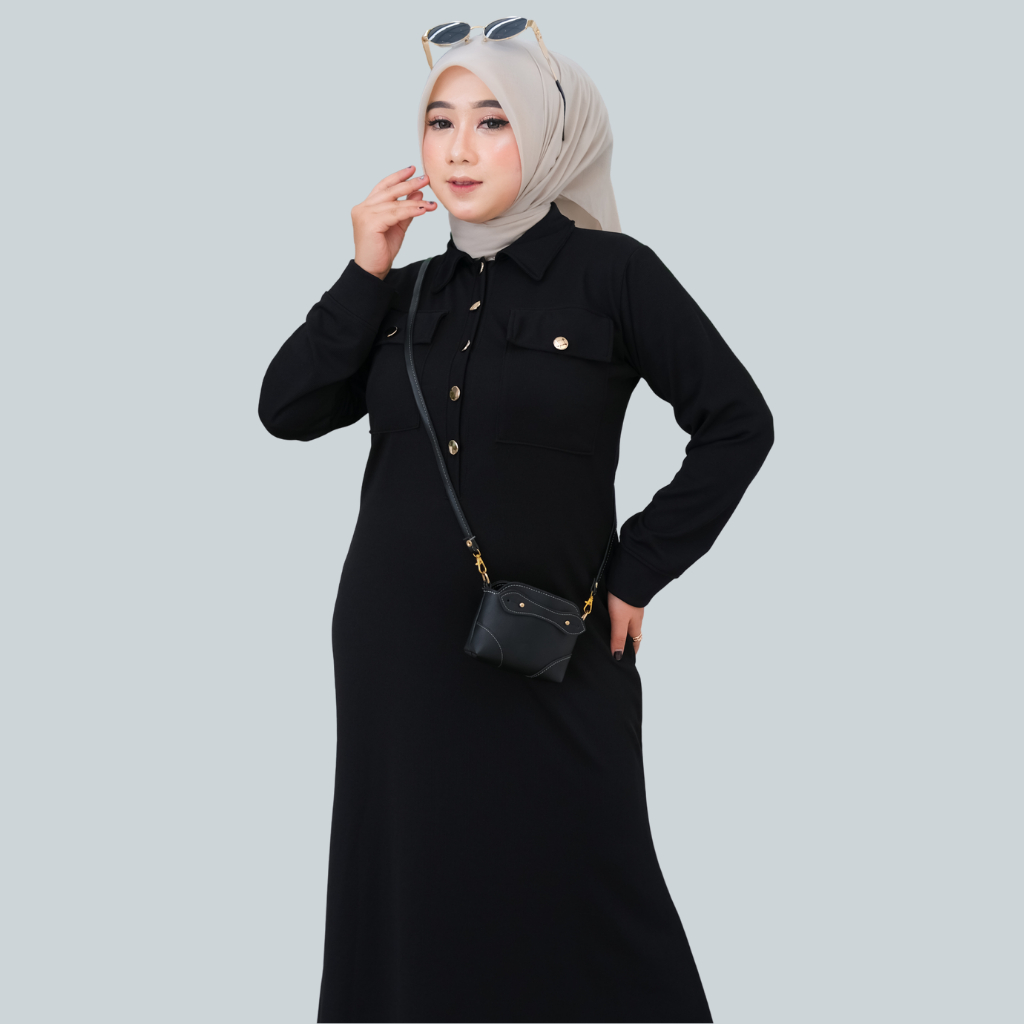 Abaya Kancing Maxi Dress Gamis Knit Premium Hitam – Gamis Muslimah Polos Elegan Modis