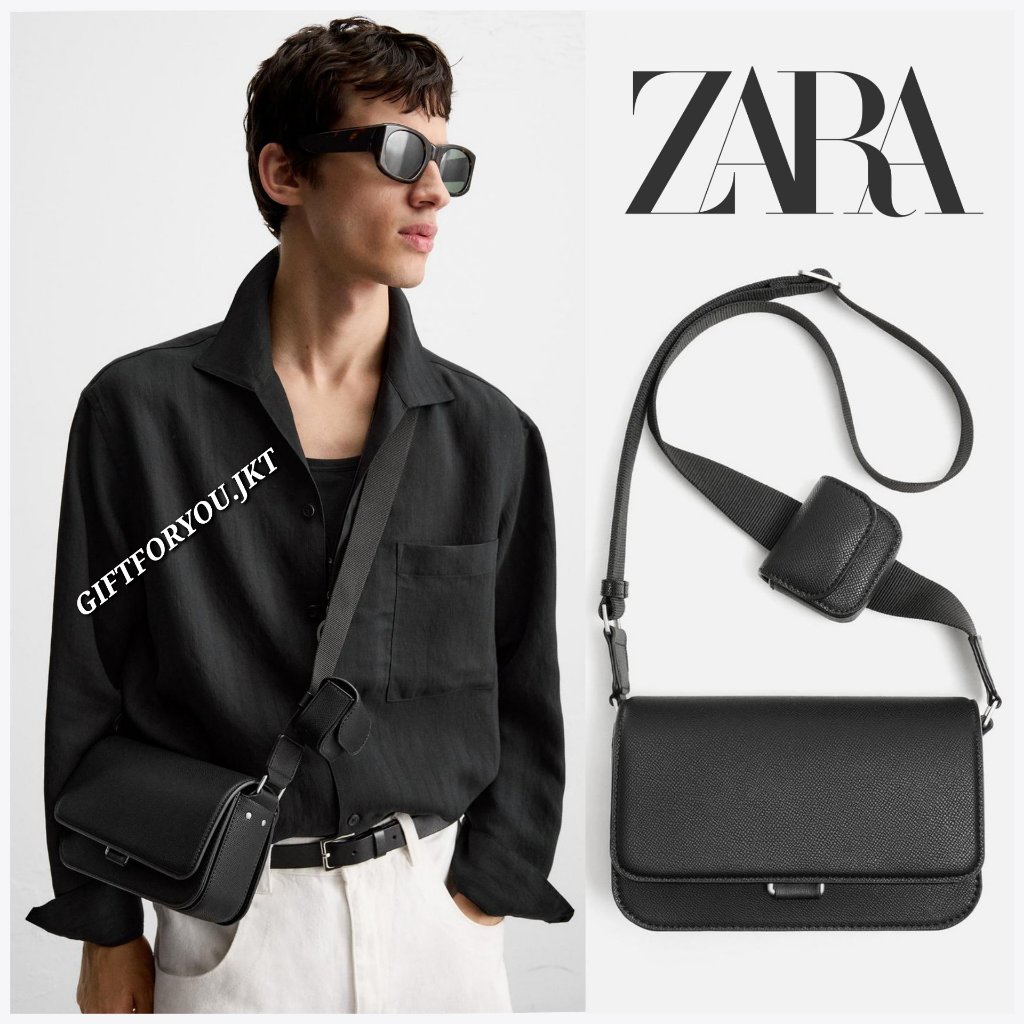 Zara Man Bag Tas Selempang Pria Black Textured Crossbody Bag With Purse Original Official Store Tas 