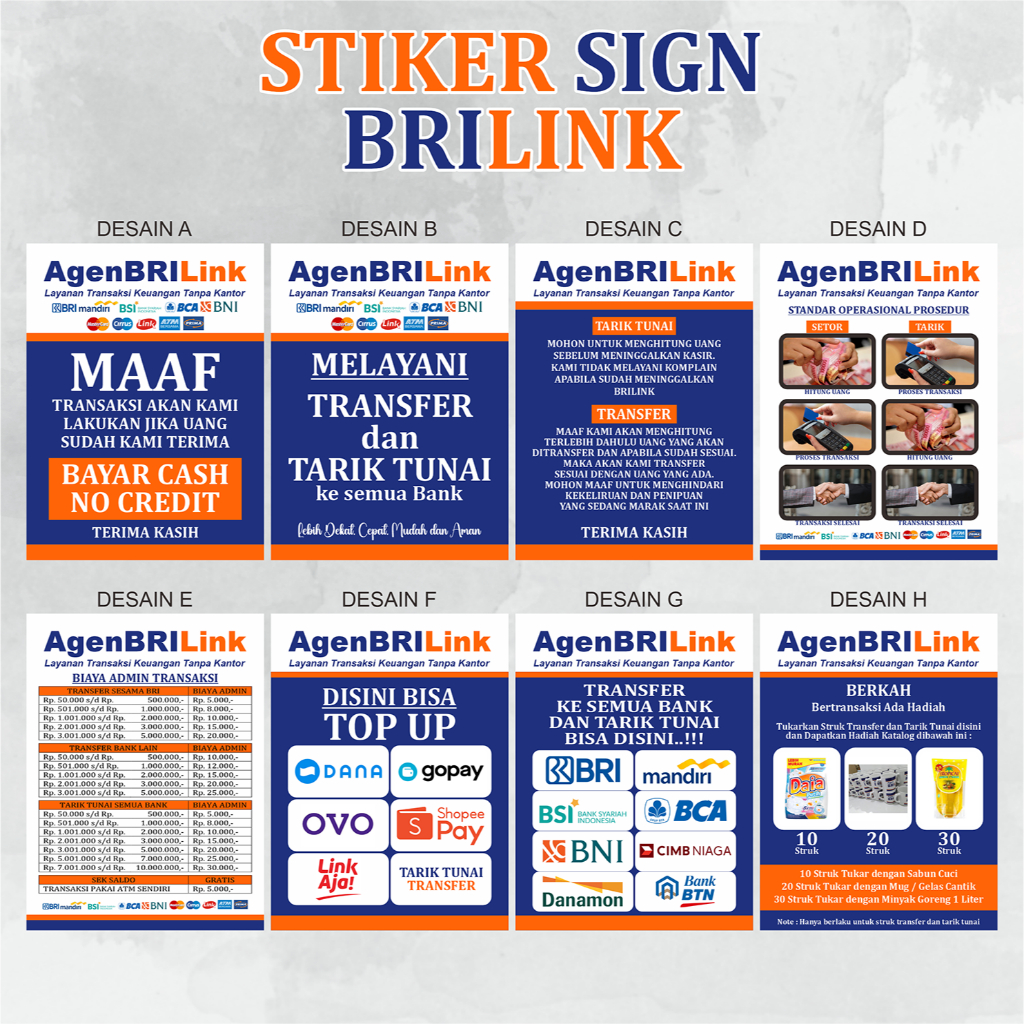 Stiker Etalase Pengumanan Brilink / Tarik Tunai - SOP - Daftar Biaya Admin / Cash NO Credit / Top Up