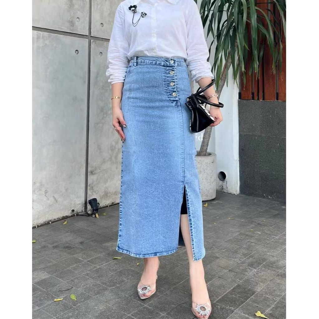 Rok jeans rebecca Rok Jeans Belah Samping  Rok Jeans Kancing Wanita Rok jeans Panjang Wanita