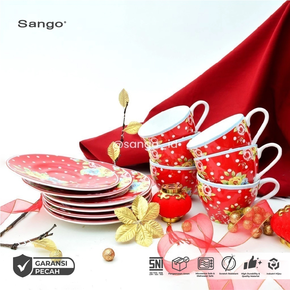 SANGO Set Cangkir New Country Red Isi 12 | Gelas Teh Kopi Souvenir Mewah Classic Elegan Premium Este
