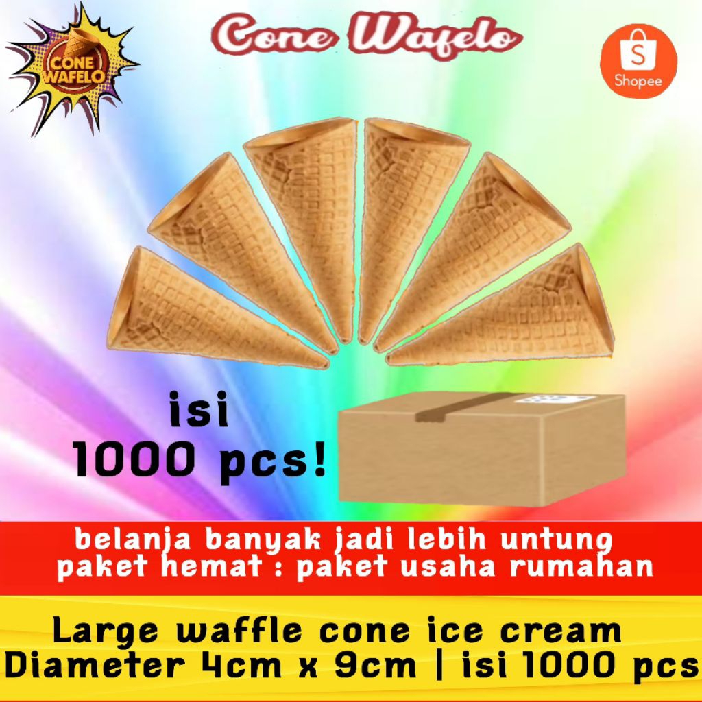 

Large Waffle Cone Ice Cream | diameter 4 x 9 cm | isi : 1000 pcs! Cone Ice Cream Ukuran Sedang Renyah | Cafe, Resto, Hotel, Dessert!