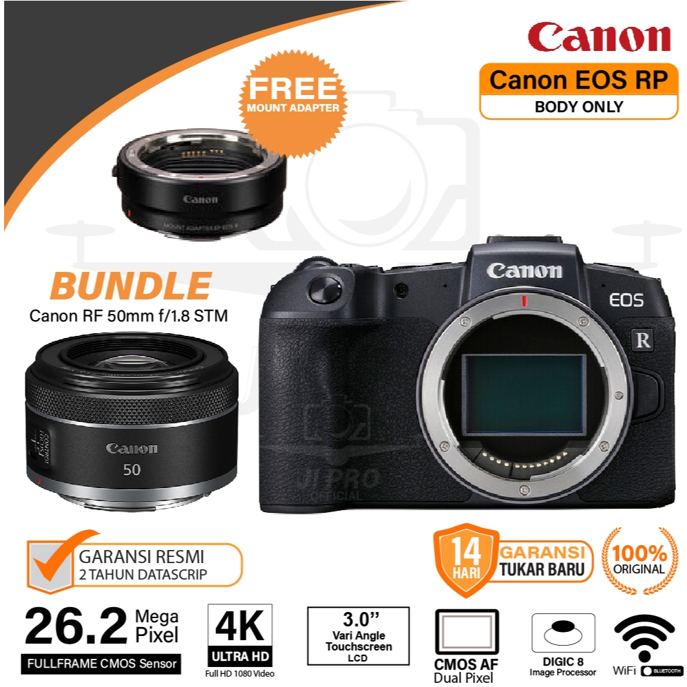 Canon EOS RP Body Only / RF 16MM F2.8 / RF 35MM F1.8 / RF 50MM F1.8 / RF 85MM F2 Mirrorless Camera P
