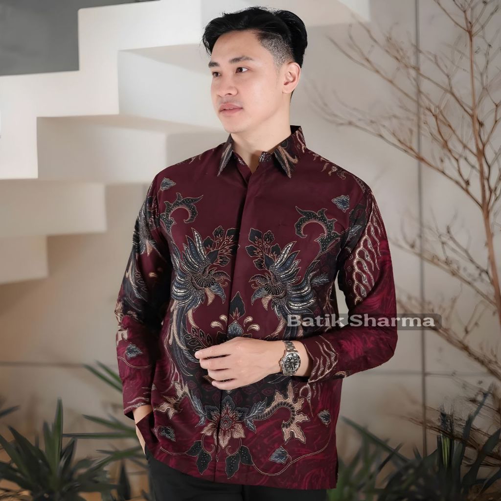 New Kemeja Batik Pria Lengan Panjang Surya Burgundy Batik Cowok Formal Casual Slim Fit Motif Terbaru