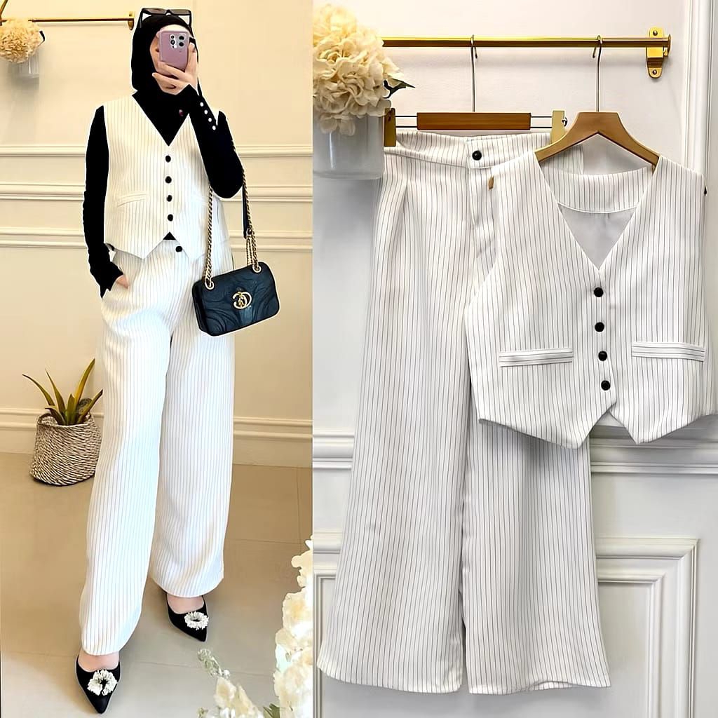 Setelan Wanita Vest Kulot Salur||OneSet Wanita Salur Kekinian
