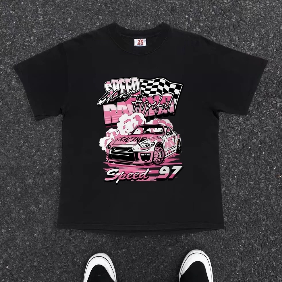 BOOMBAP American retro Style T-shirt Oversize Original Trend Mobil balap merah muda "SPEED" Print to