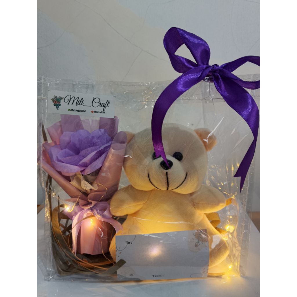 HAMPERS BONEKA + tas transparan + buket bunga mini + led (Free kartu ucapan)