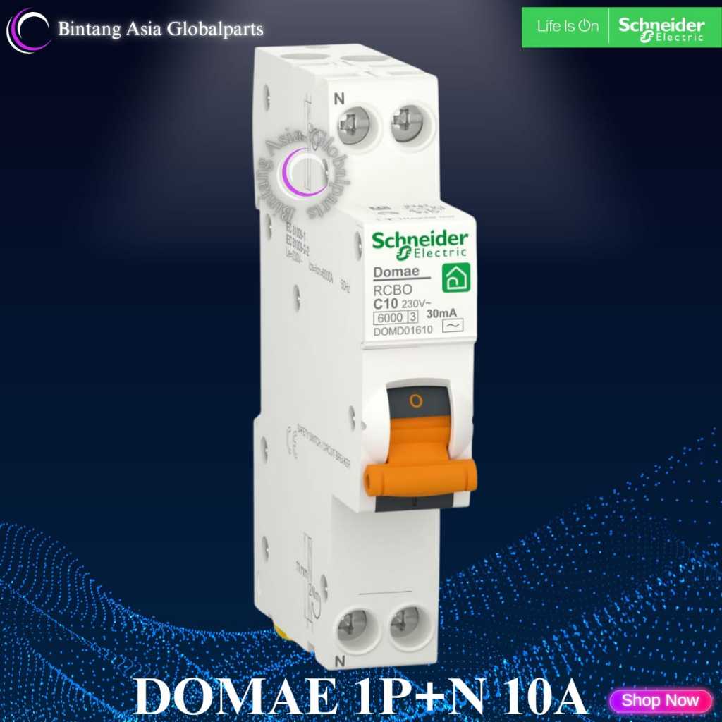 RCBO 1P+N 10a 30mA DOMD01610 Original / RCBO Slim Domae 1 Phase 10 Ampere / RCBO Schneider 1P+N 10a 
