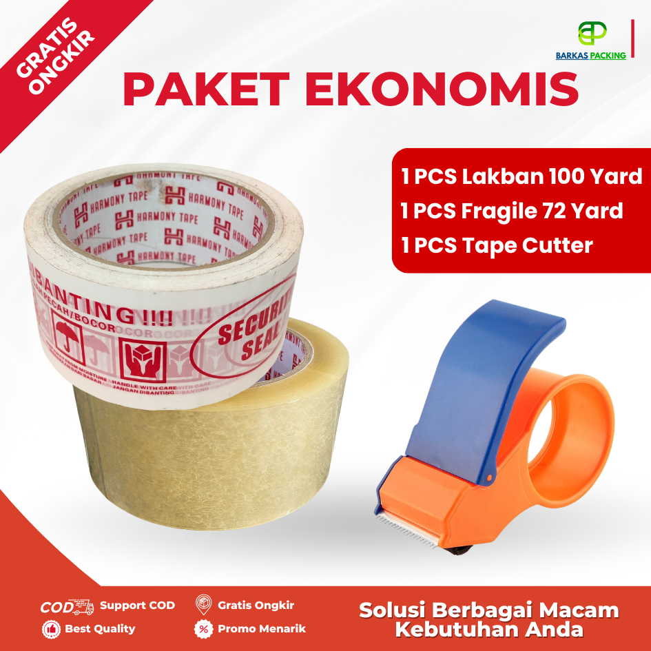 

Paket Packing Hemat Lakban 100 Yard Lakban Fragile 72 Yard dan Tape Cutter - Lakban Clear, Coklat, Putih Lakban Fragile Putih, Kuat Lebih Murah Paket Ekonomis Mudah Digunakan