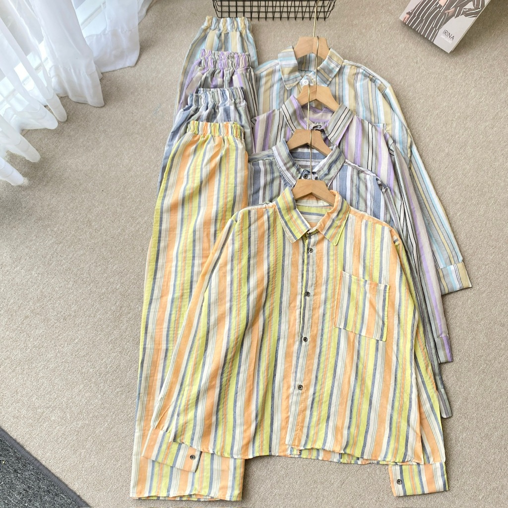 Oneset Salur HAIGA Set Kemeja Stripe Wanita LD 110 - Setelan Celana Kulot