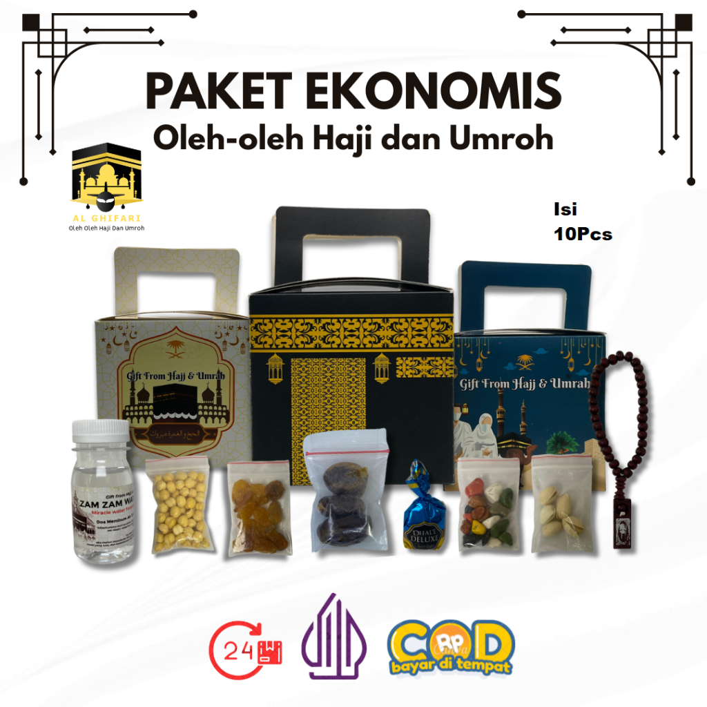 

Paket Oleh-Oleh Haji dan Umroh 10Pcs/ Paket Ekonomis Oleh-Oleh Haji dan Umroh Lengkap Dus Ka'bah