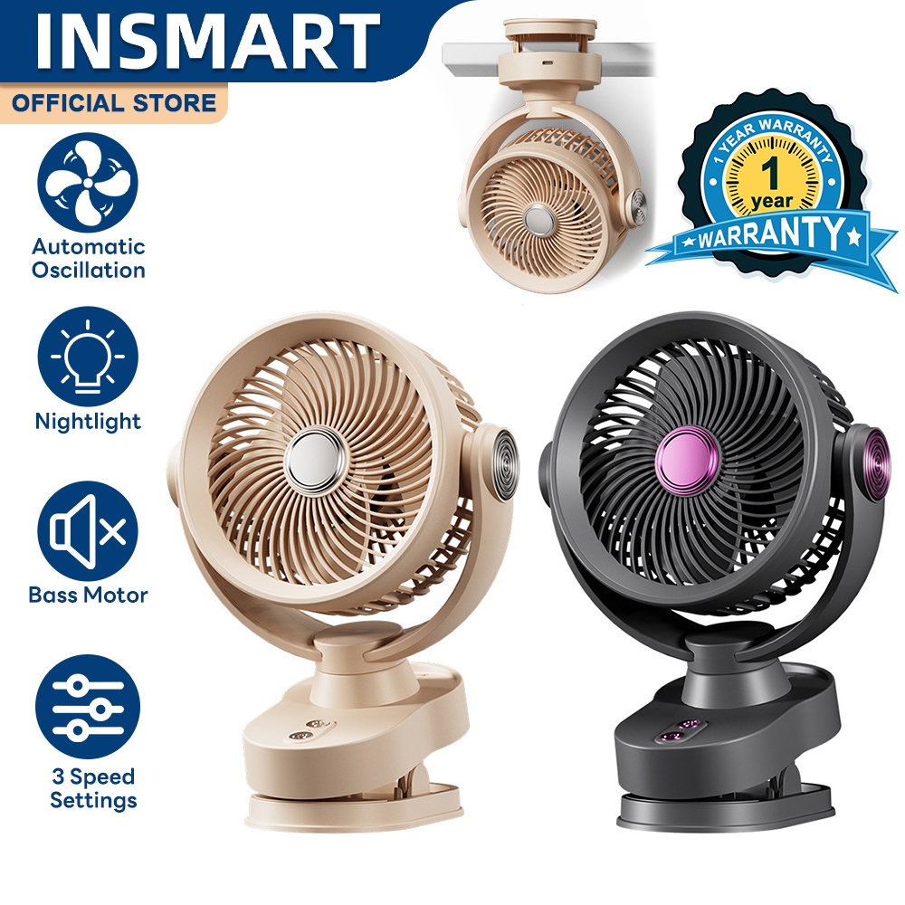 INSMART Kipas Portabel Kipas Osilasi Pengisian Daya USB Kipas Kecil Dengan Lampu LED