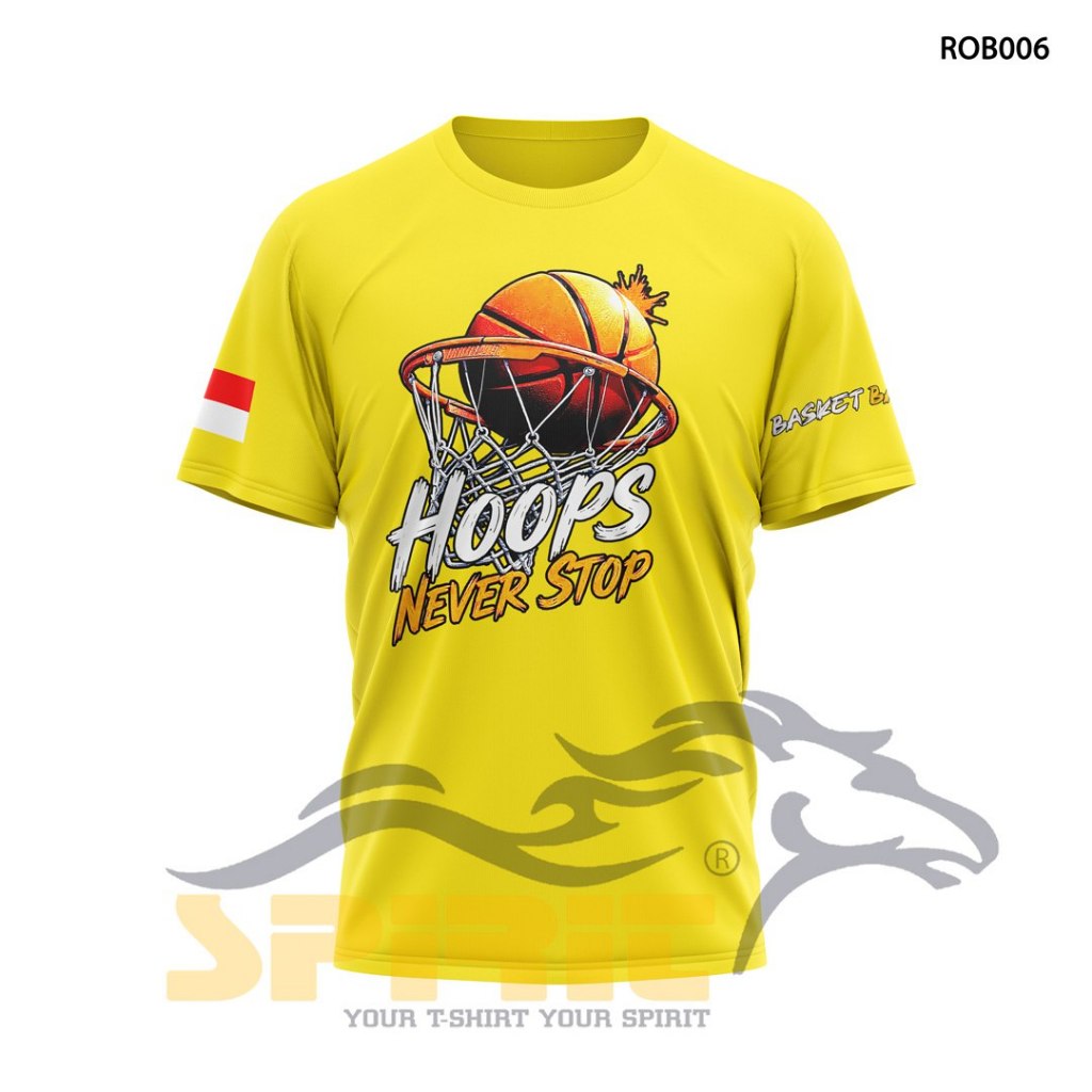 Kaos Basket Hoops Never Stop Lengan Pendek | Baju Olahraga Casual Pria Wanita Sablon DTF Premium