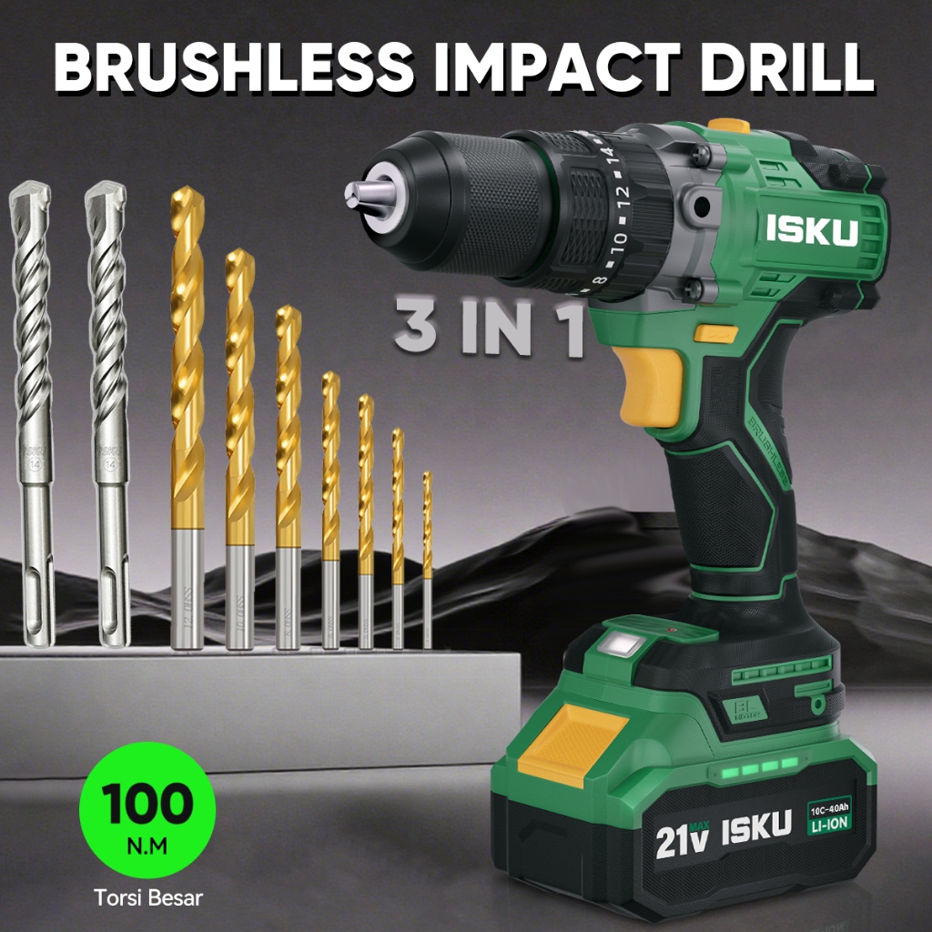 ISKU 21V Brushless  Lithium Mesin Impact Drill 100N.M Torsi Besar Tangan 3IN1 Cordless Drill Untuk B