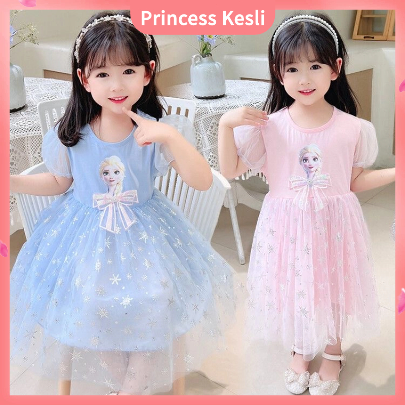 Princess Kesli Official Store 1-9 Tahun Gaun Lengan Pendek Anak Perempuan Berusia Gaun Putri Frozen 