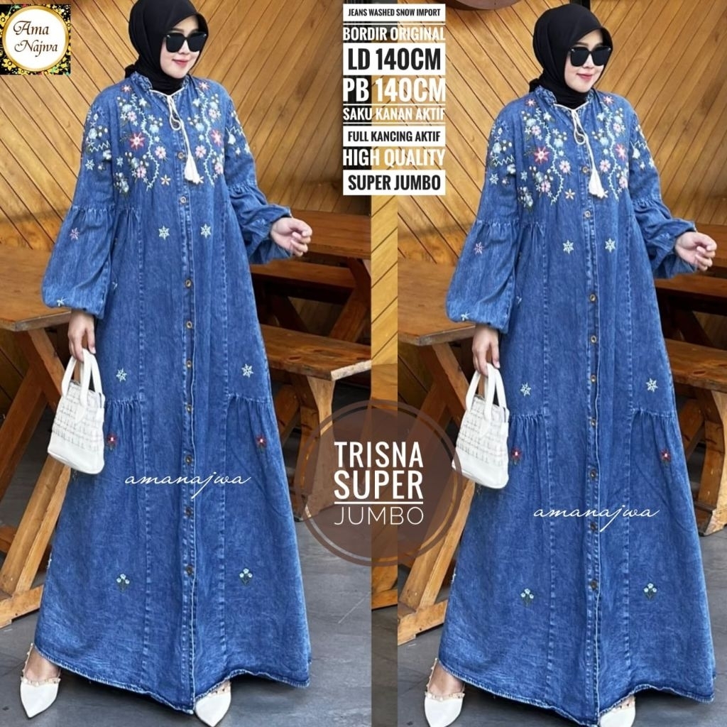 Gamis Jumbo Jeans Snow Bordir Ld 120-140 cm