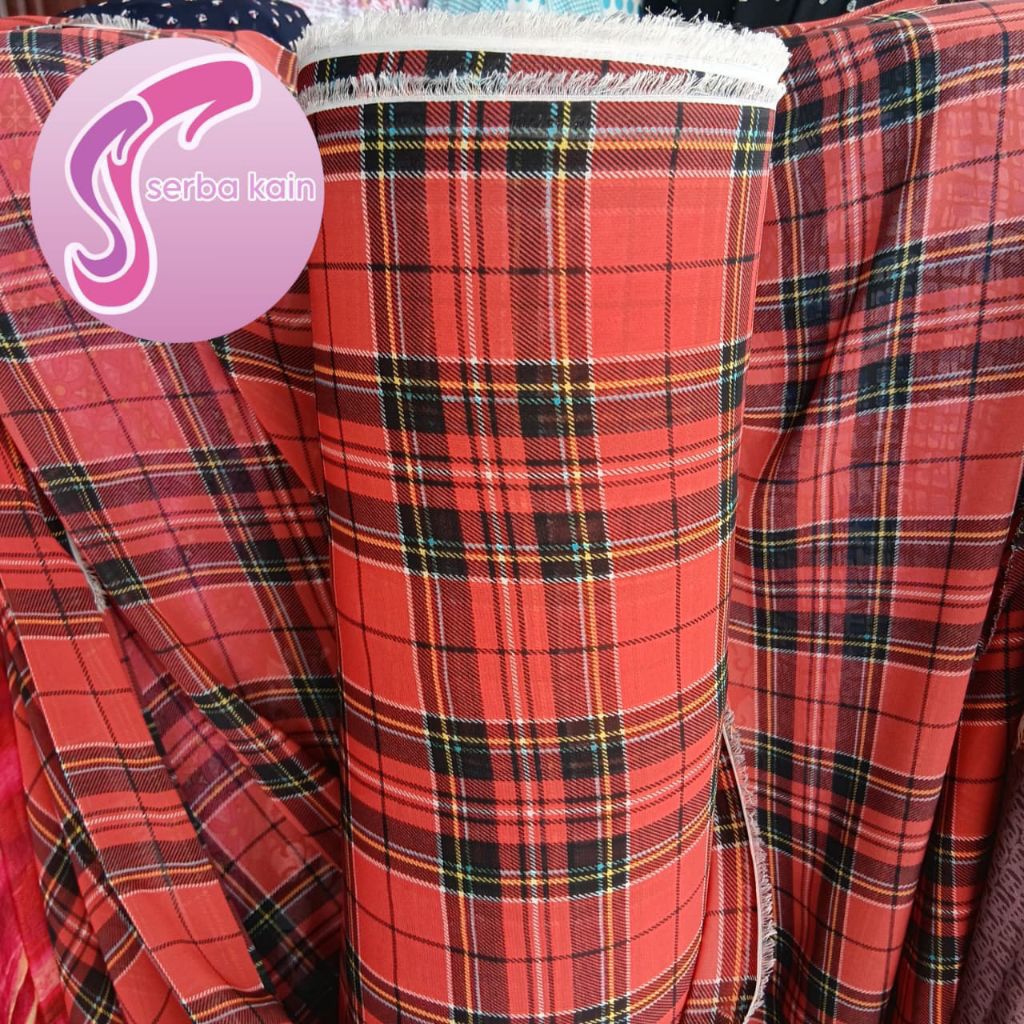 Kain Sifon Premium Motif Kotak-Kotak Merah Terbaru Harga Per setengah Meter
