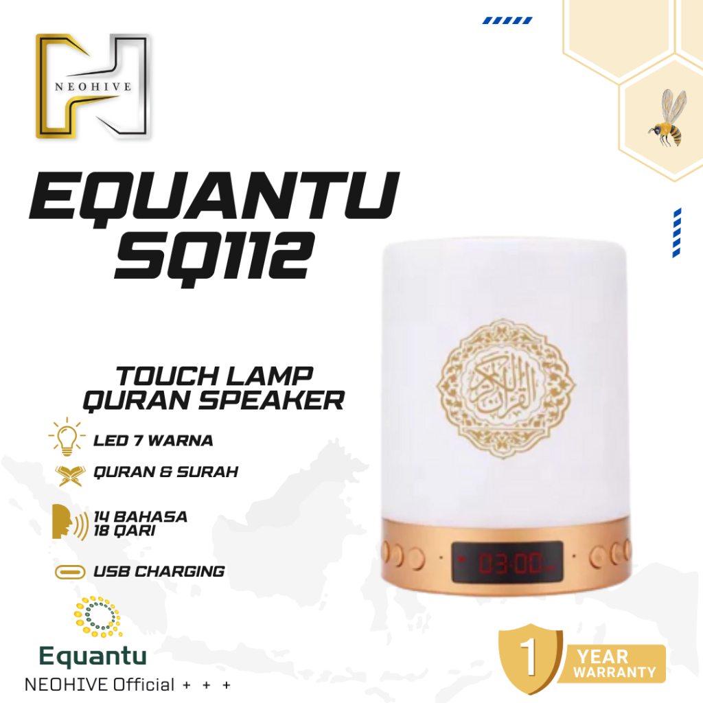 Equantu SQ112 LED Lampu Sentuh Speaker Quran Digital MP3 Bluetooth Kontrol Aplikasi Remote Jam Azan