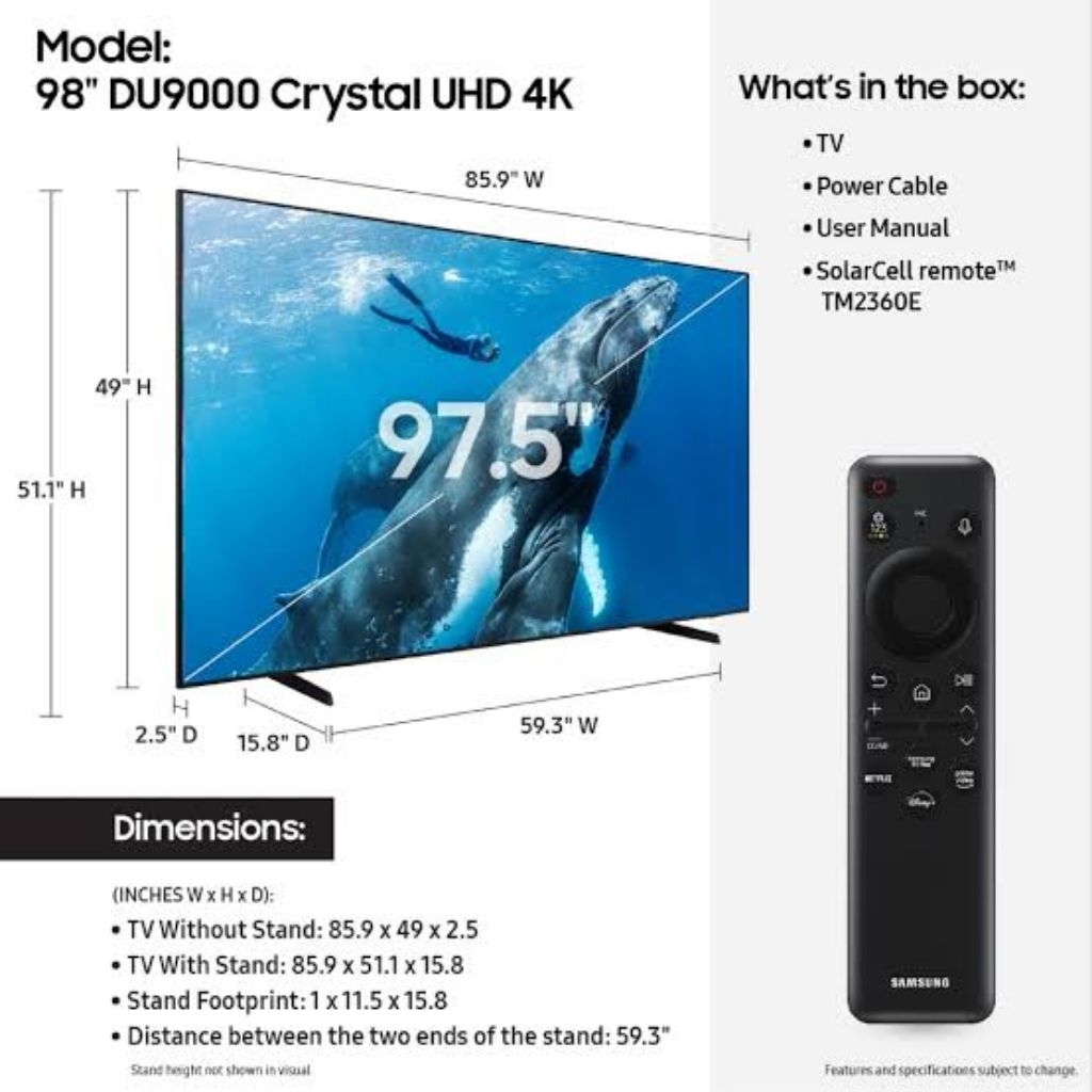 SAMSUNG LED TV 98DU9000 98 INCH SMART TV UHD 4K 98DU
