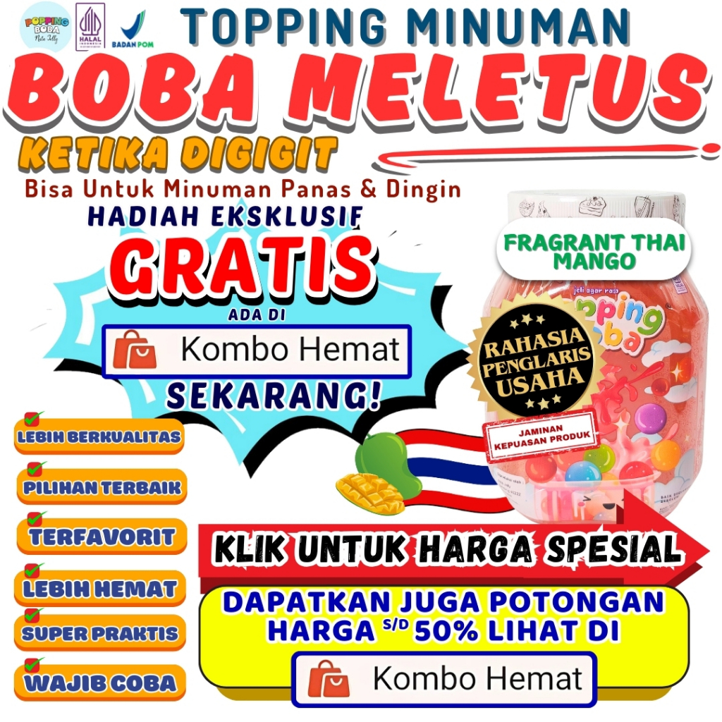 

Boba Meletus Dimulut Topping Minuman Instan - Popping Boba Pecah Dimulut Rasa Mangga 500 Gram | Cocok Untuk Semua Minuman | Popping Boba Nata Jelly