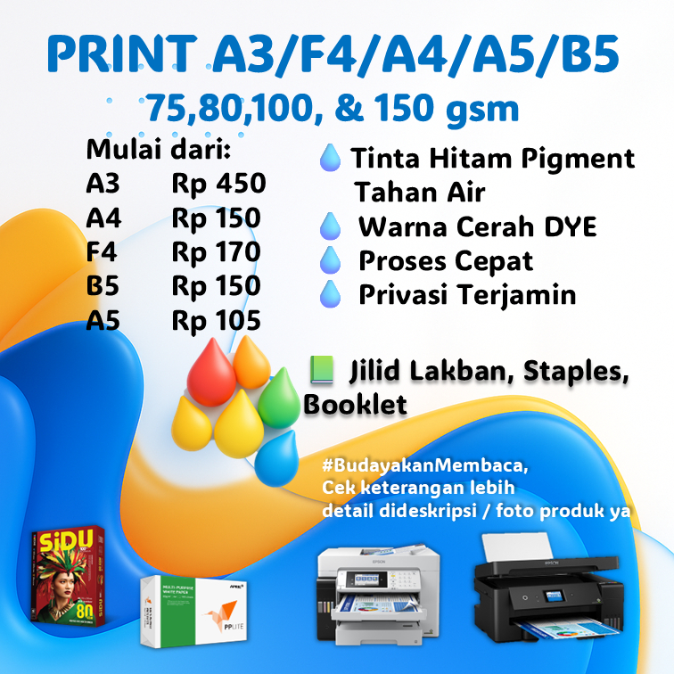 

PRINT A3 / F4 / A4 / A5 / B5 75,80,100, & 150 gsm harga murah Skripsi, Tugas, Makalah,Modul
