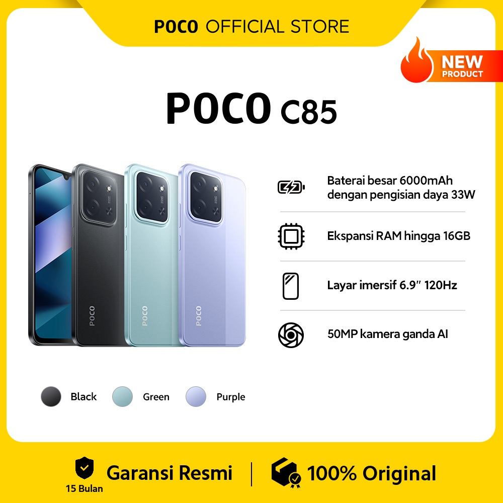 POCO C85 (6/128 GB) (8/256 GB) Baterai besar 6000mAh dengan pengisian daya 33W | Ekspansi RAM hingga