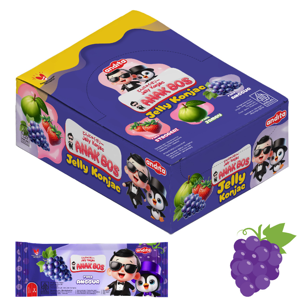 

Anak Bos Jelly konjac rasa anggur/jambu/stroberi isi 24 sachet @20g, snack aman tanpa pemanis buatan