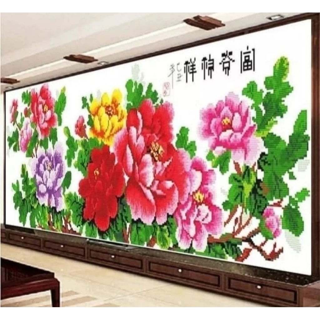 DIY PAKET KRISTIK BUNGA PEONI MAWAR ORIENTAL POLA KAIN CROSS STITCH KIT JUMBO