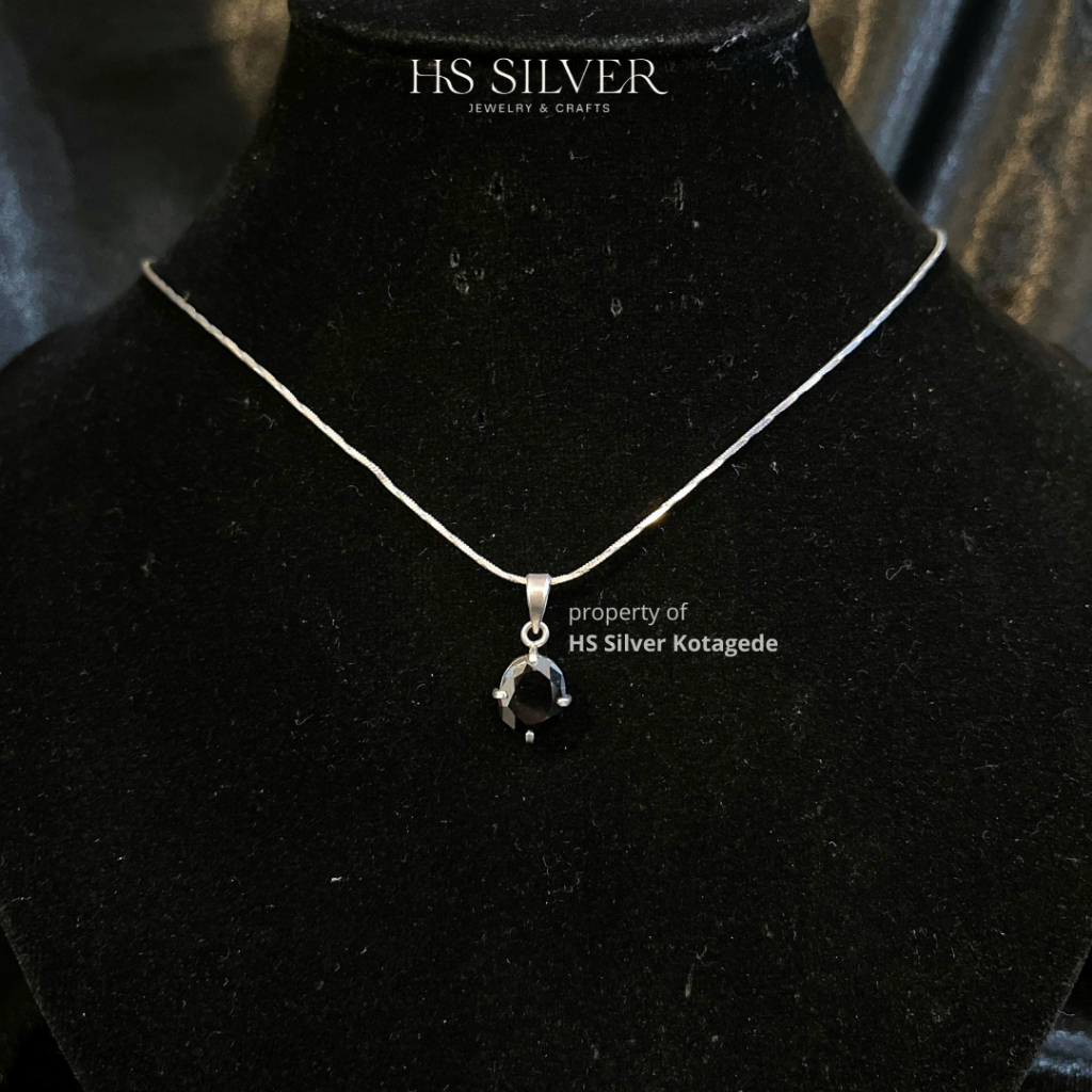 Kalung Perak Asli 925 Solid Silver Liontin Model Oval Batu Zircon Hitam | HS SILVER