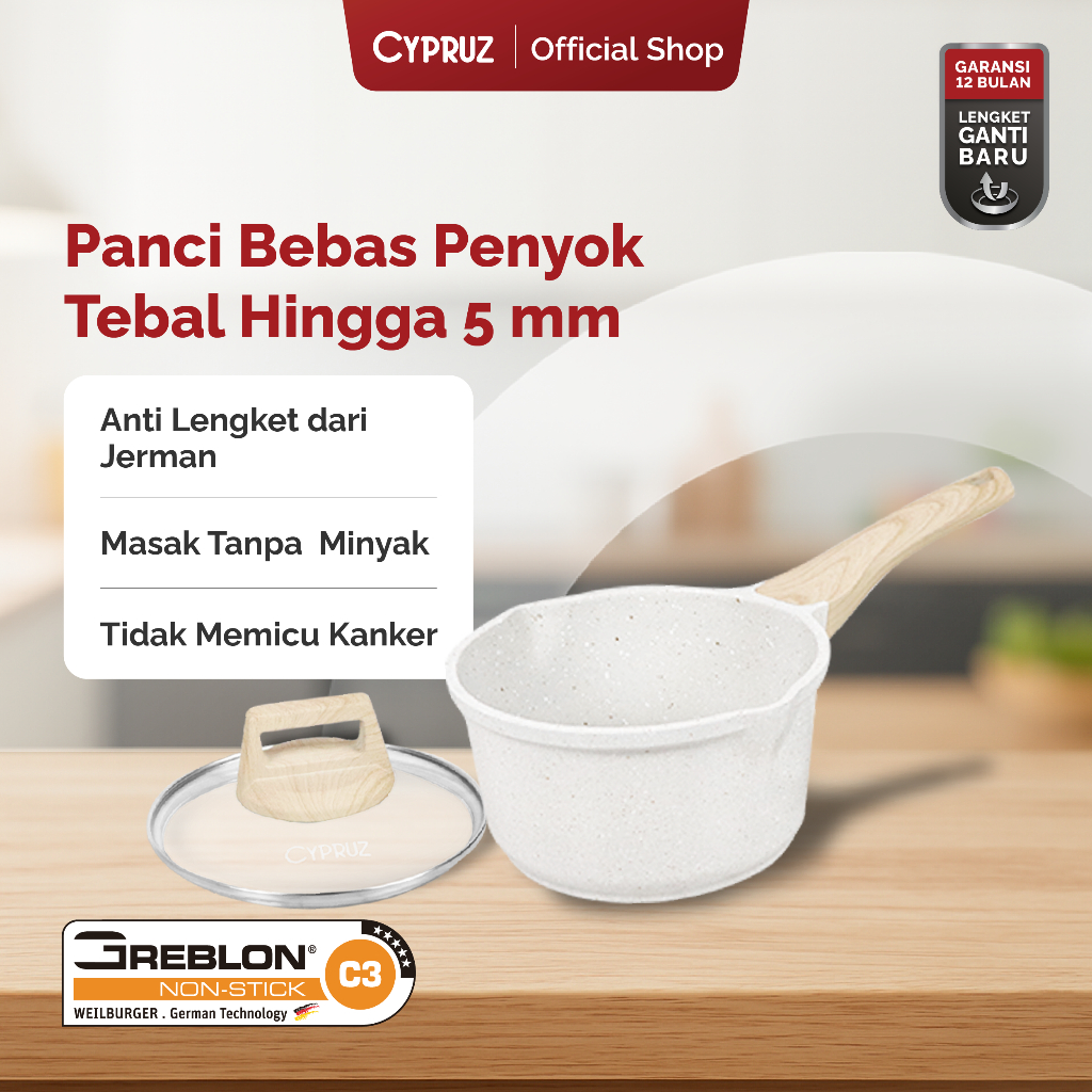 Cypruz Panci Susu Anti Lengket Sauce Pan White Granite Diecast Series Dengan Tutup 16 & 18 cm