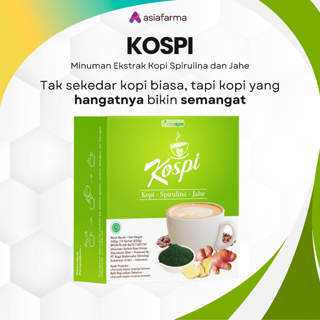 

KOSPI Minuman Kopi Dengan Ekstrak Jahe dan Spirulina 200gr (Isi 10 Sachet)