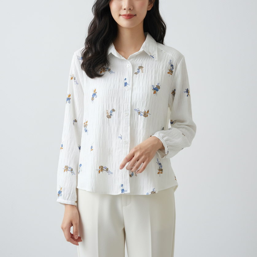 Atasan Fashion Korea Style Lengan Panjang Blus Wanita Musim Panas Casual Blouse Motif Bunga Bahan im
