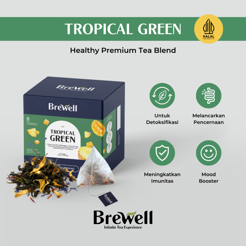 

[BREWELL] Tropical Green Tea Bag Isi 5 & 10 | Campuran Teh Hijau, Nanas, Mangga, Calendula | Teh Herbal Premium