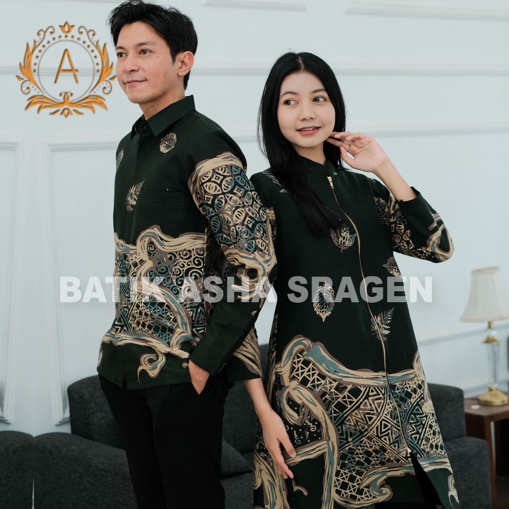 Batik Zahra-Batik Pria Lengan Panjang-Tunik Wanita-Batik Pasangan-Motif Kalpataru Warna Hijau Army