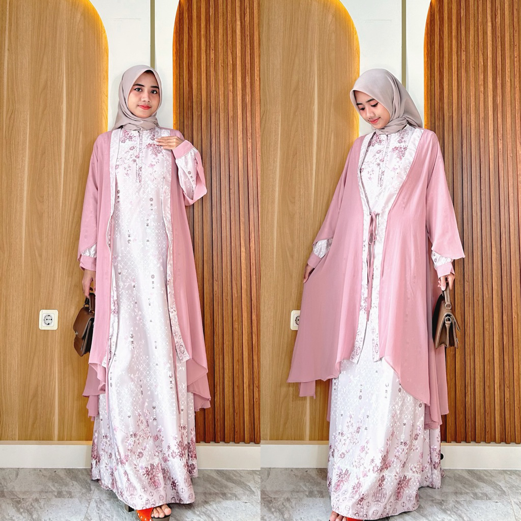 Faranisa | Gamis Thalia Set Outer Dress Satin Sutra Premium Outer Terpisah – Gamis Mewah Muslimah Ko